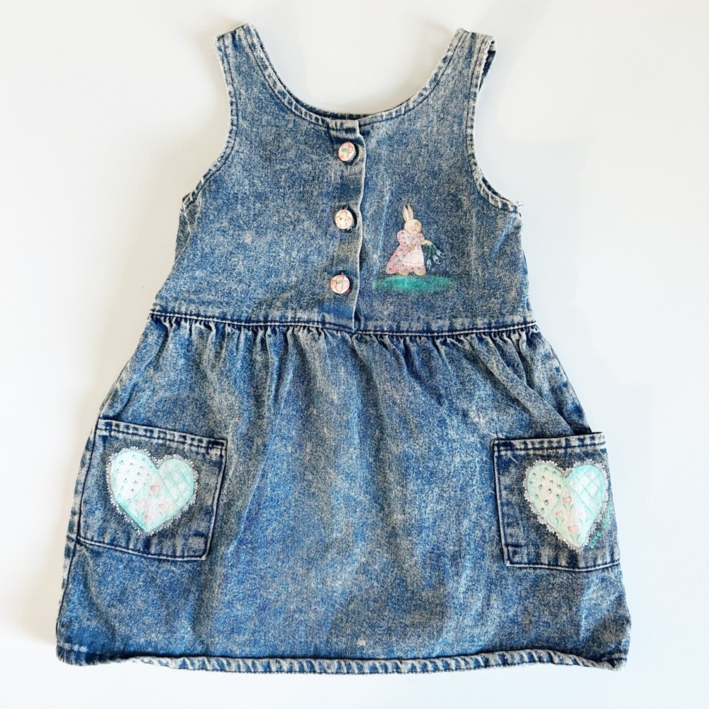 Liberty Vintage Girls 90s Acid Wash Denim Bunny Heart Pinafore‎ Jumper Dress